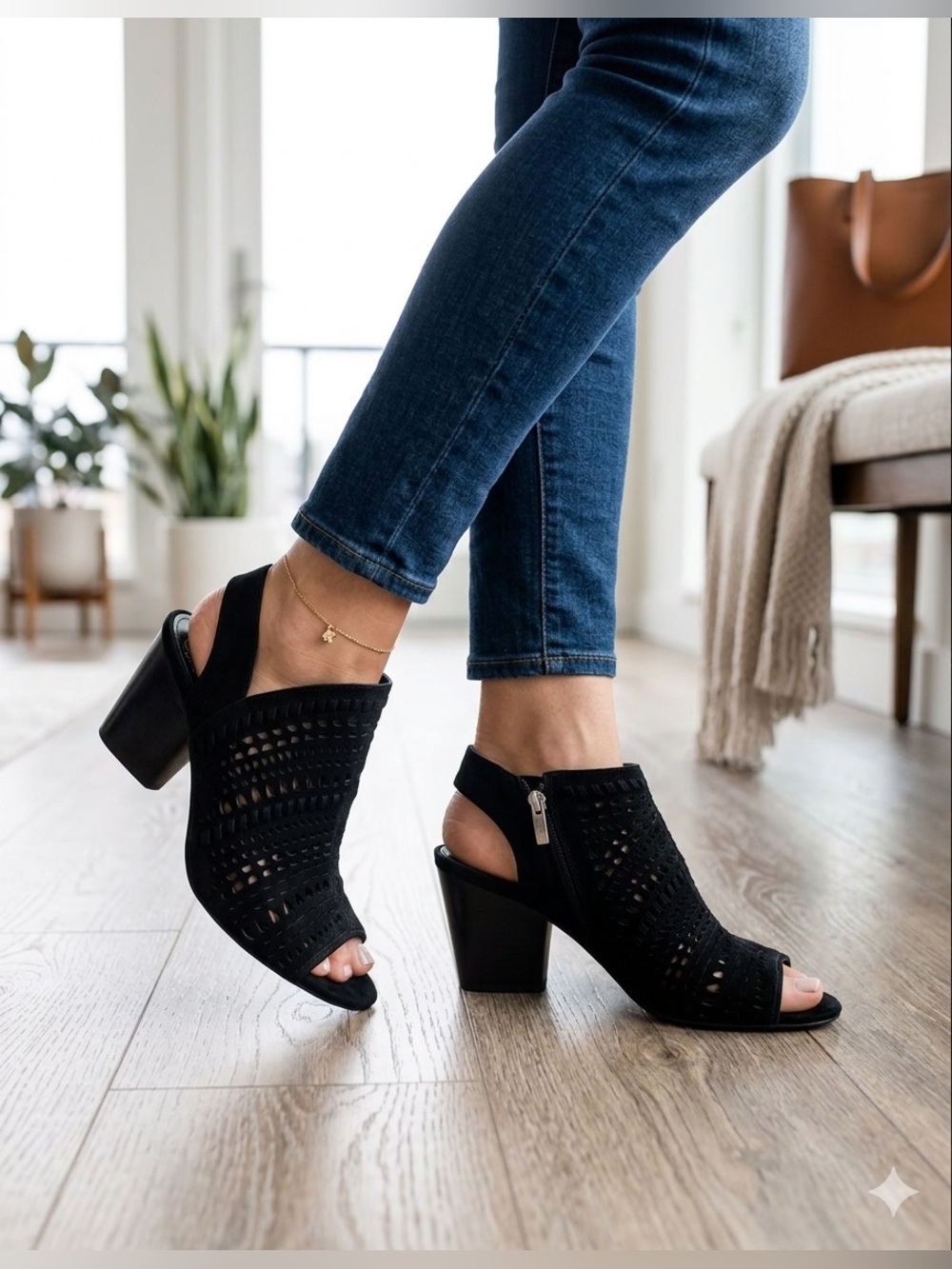 Vince Camuto Black Perforated Peep-Toe Block Heel Sandals with Side Zip office